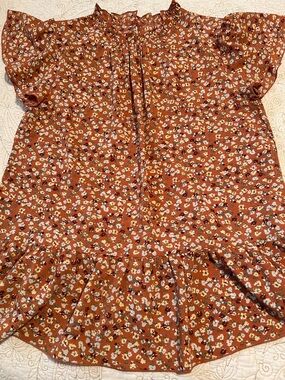 Rust Floral Ruffle-Sleeve Blouse - Unbranded